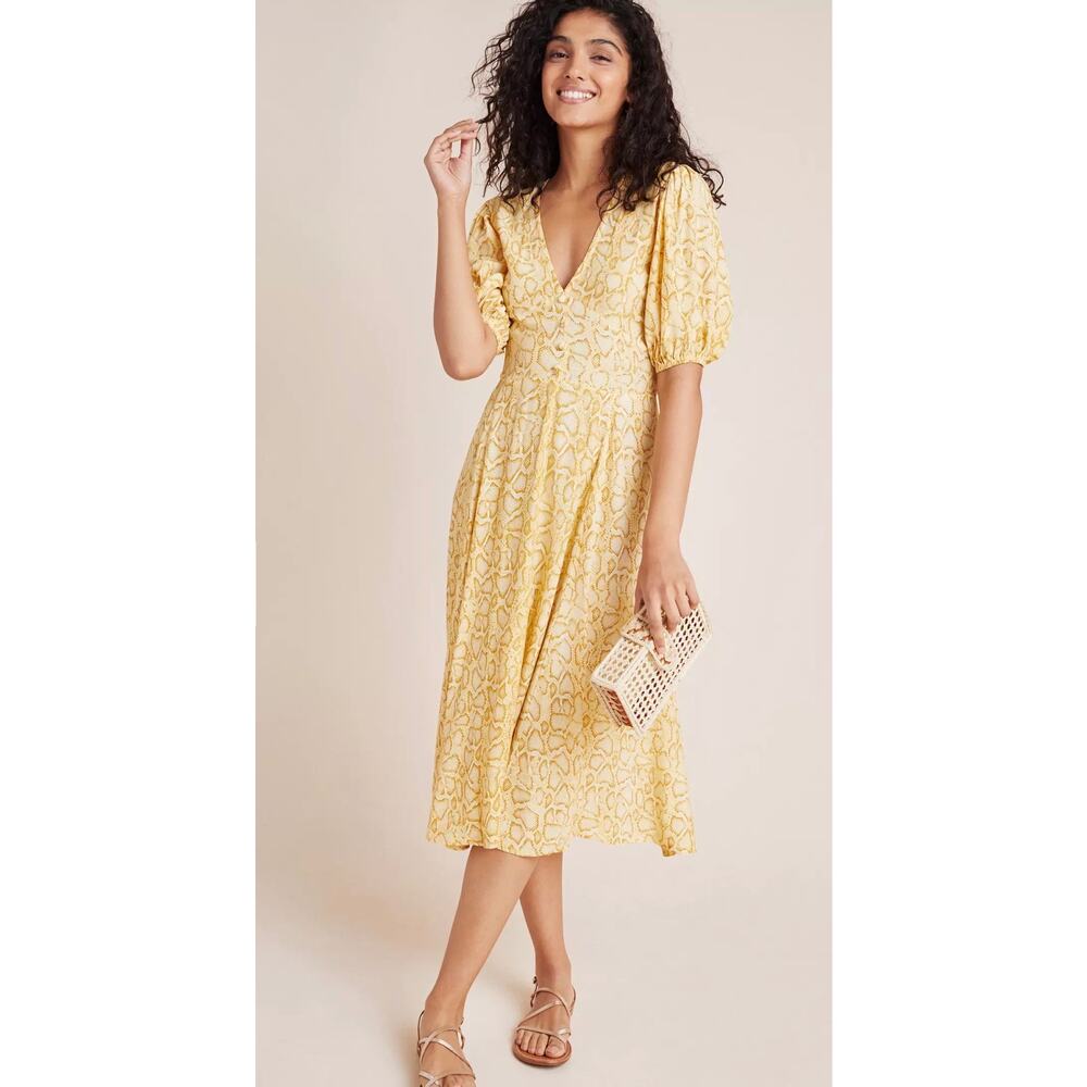 Faithfull The Brand Delia Dress XS Yellow Snake Print Puff Sleeve Midi Linen